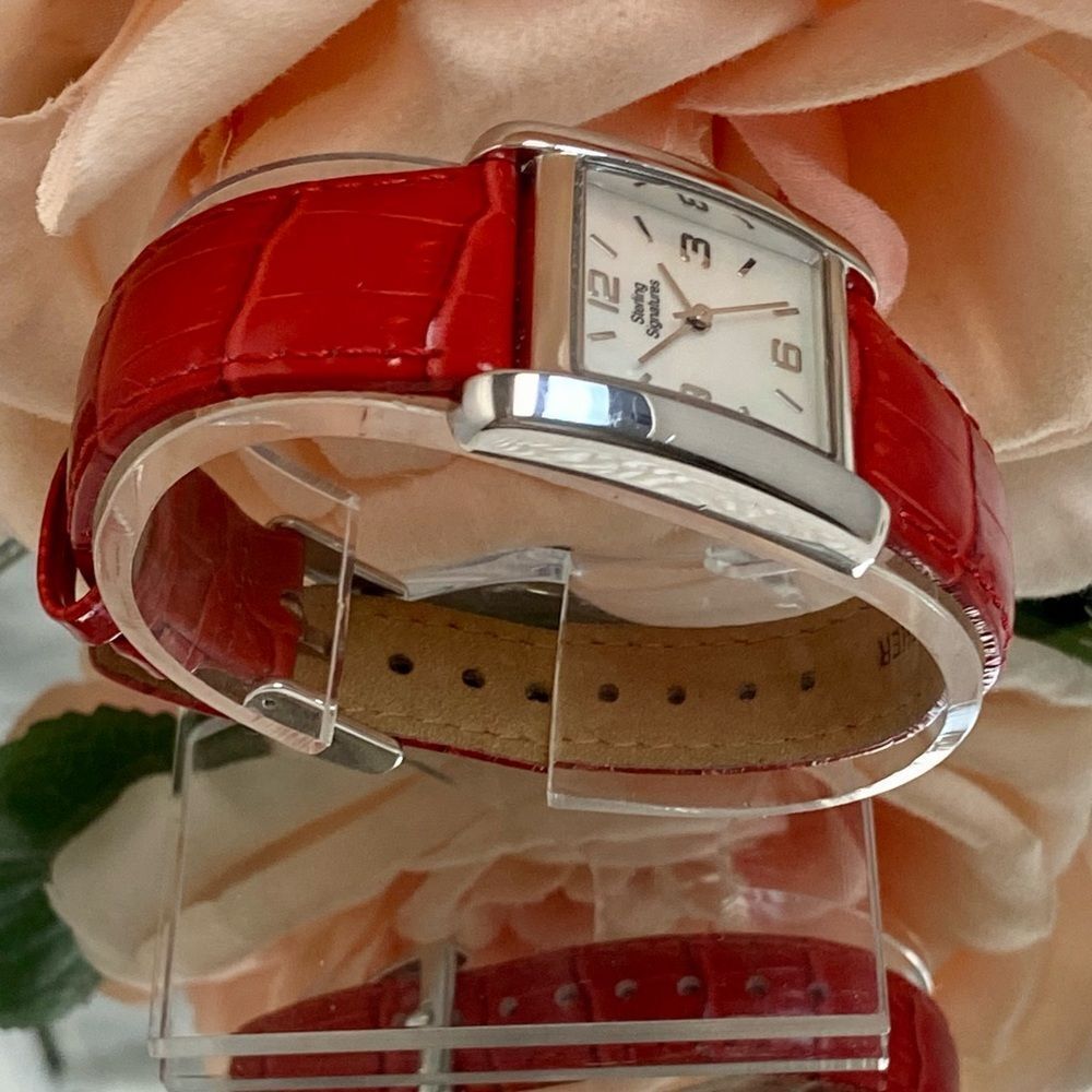 Sterling Signatures 925 Silver Tank Style Watch Mother of Pearl Dial Red Leather - Picture 5 of 16